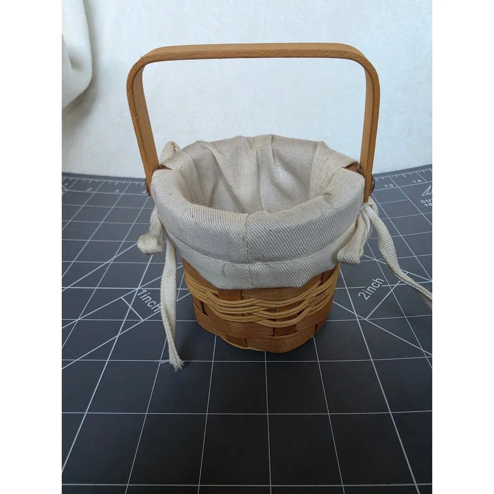 Miniature Woven Wood Basket with Handle and Cream Fabric Liner Small Decor